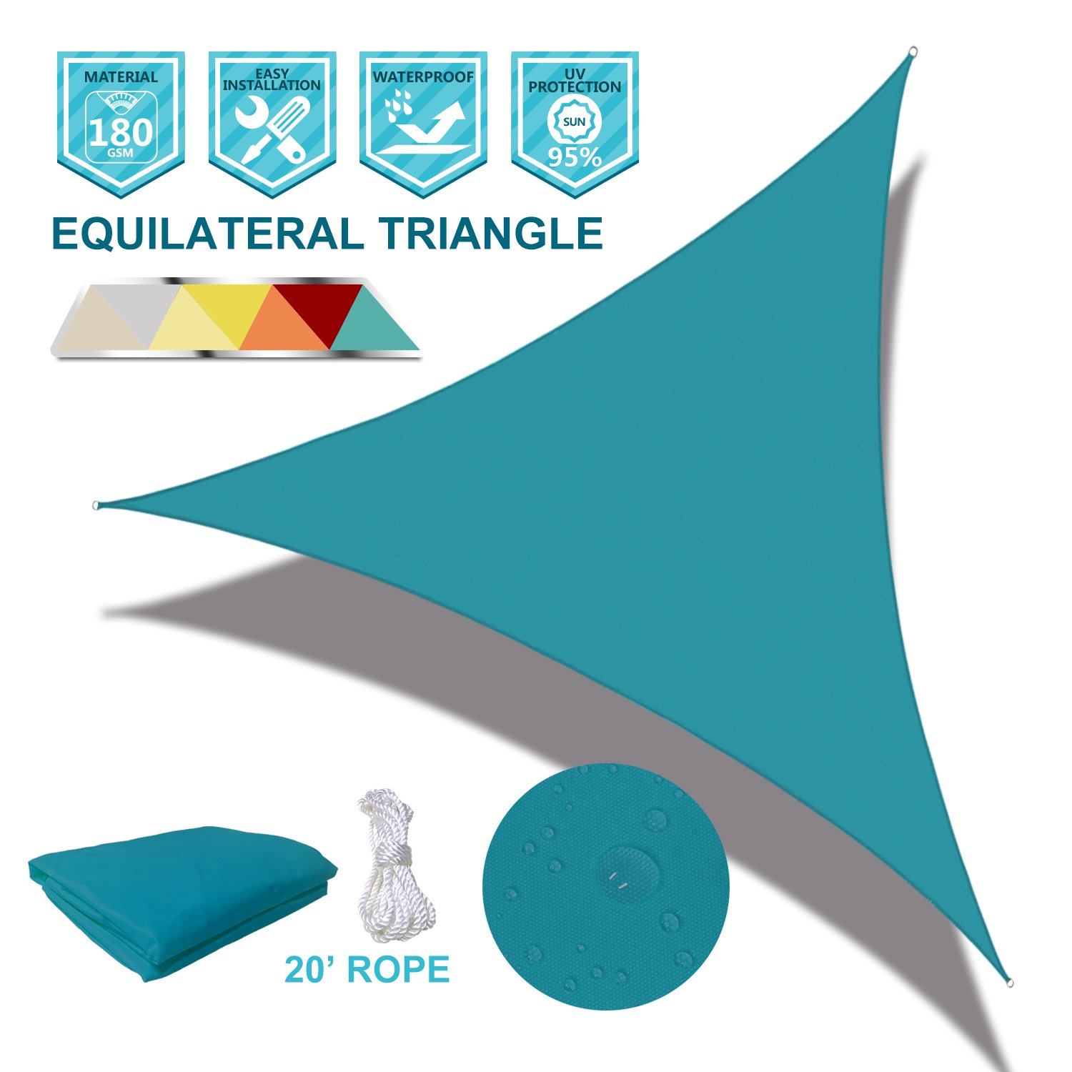 Coarbor Waterproof sunshine Block 5'x5'x5' Sun Shade Sail Canopy Triangle with Hardware Kit 180 GSM Polyester for Pergola Carport Awning Patio Deck Yard- Make to Order-Turquoise Green