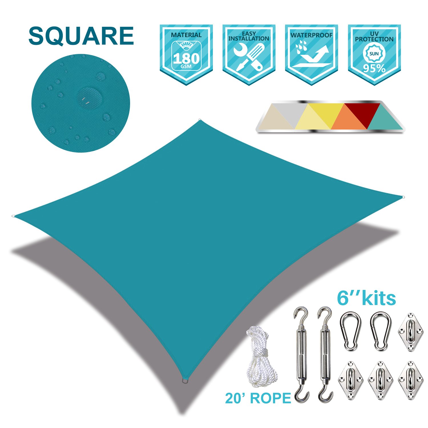 Coarbor Waterproof 5'x5' Customized Sun Shade Sail Canopy Came with Hardware Kit Square sunshine Block Polyester for Pergola Carport Awning Patio Yard- Make to Order-Turquoise Green