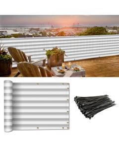 Coarbor 3'x99' Balcony Privacy Fence Screen Mesh Balcony Cover for Balcony Porch Verandah Deck Terrace Patio Backyard Railing 160GSM Up to 90% Blockage Grey White Strip