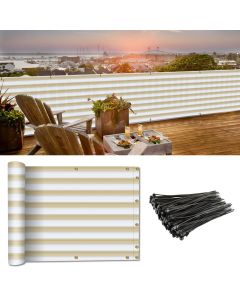 Coarbor 3'x99' Balcony Privacy Fence Screen Mesh Balcony Cover for Balcony Porch Verandah Deck Terrace Patio Backyard Railing 160GSM Up to 90% Blockage Beige White Strip