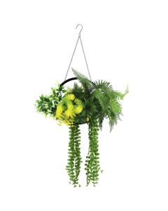 8 Pcs Artificial Hanging Plants Metal Ring Hanging Plants Flowers Plants Indoor Outdoor Hanging Decor, Black Frame, Green Yellow